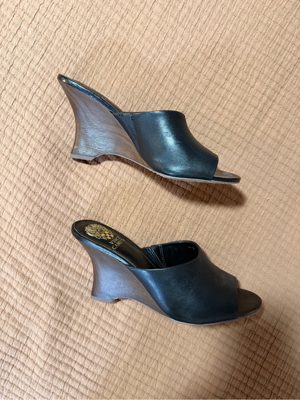 Vince Camuto Black Leather Open-Toe Wedge Mules with Wood-Tone Heel